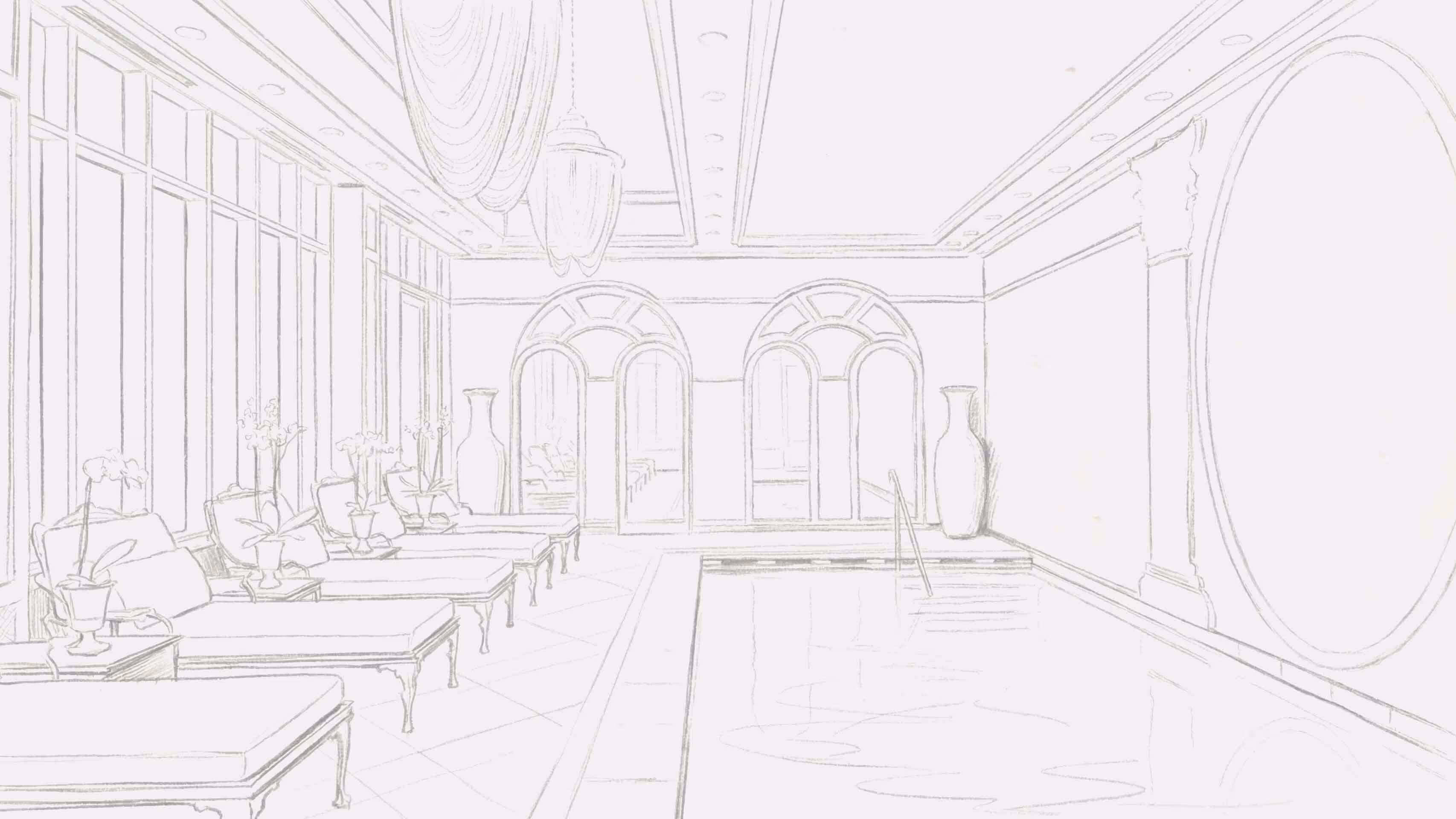 Pencil sketch of an indoor pool area with lounge chairs, large windows, and decorative vases.